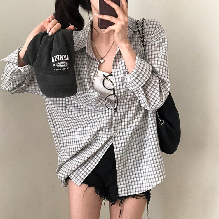 마인파밍 루즈핏 체크 셔츠 회색