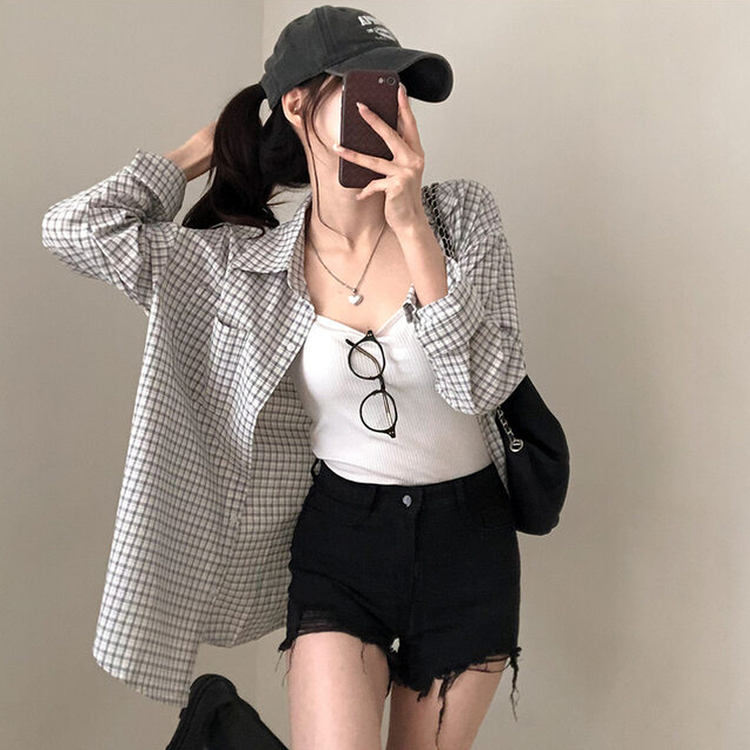 마인파밍 루즈핏 체크 셔츠 회색