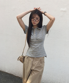 半袖Tシャツ ストライプシャーリングTシャツ GREY
