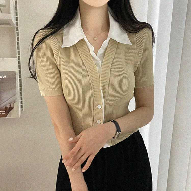 자스민 레이어드 크롭 반팔 셔츠 가디건 3color 베이지