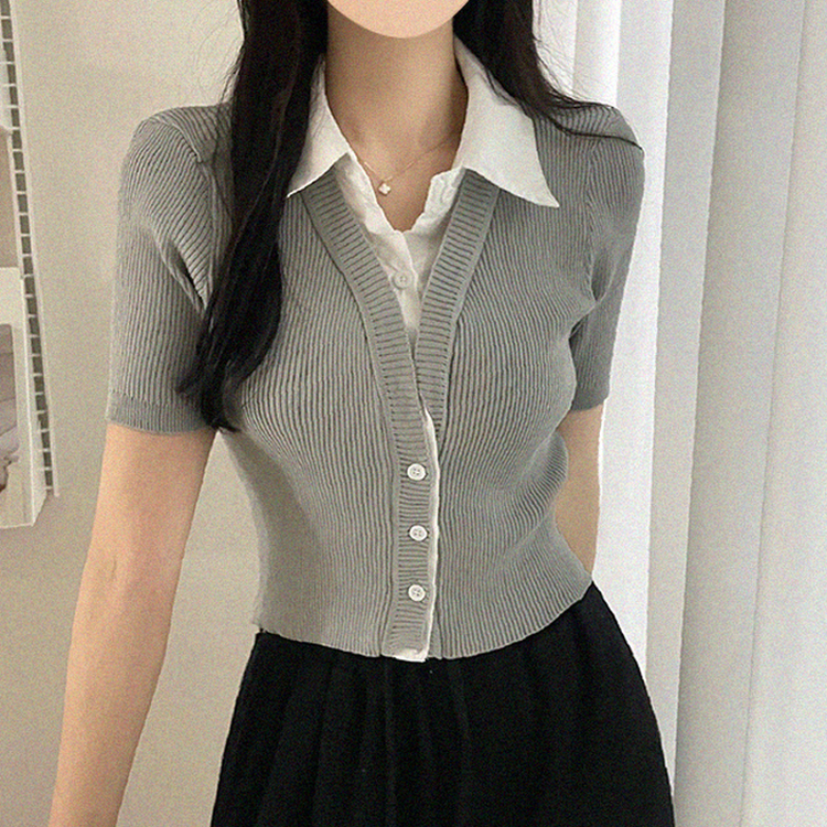 자스민 레이어드 크롭 반팔 셔츠 가디건 3color 그레이