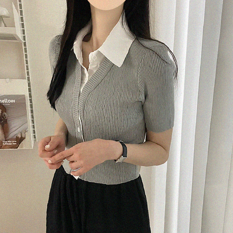 자스민 레이어드 크롭 반팔 셔츠 가디건 3color 그레이