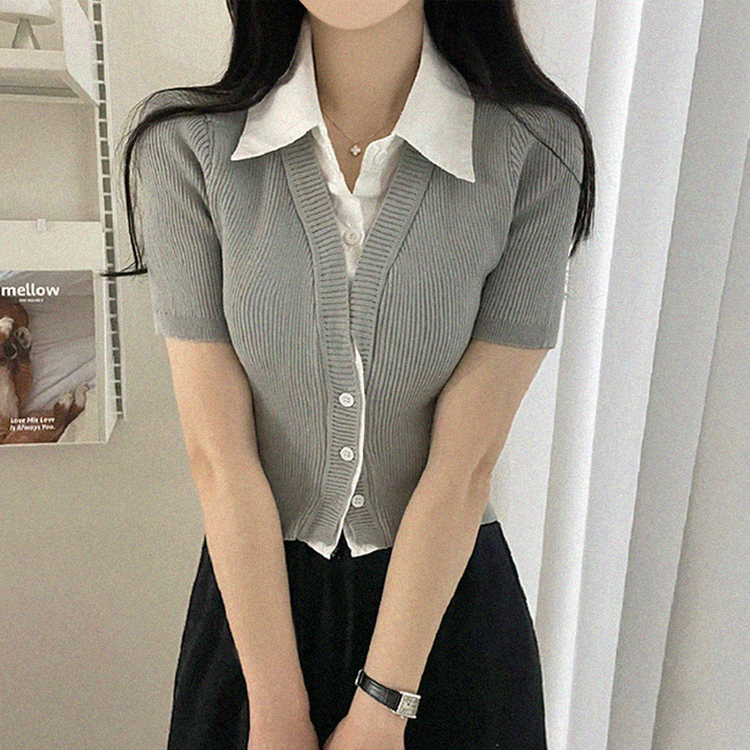 자스민 레이어드 크롭 반팔 셔츠 가디건 3color 그레이