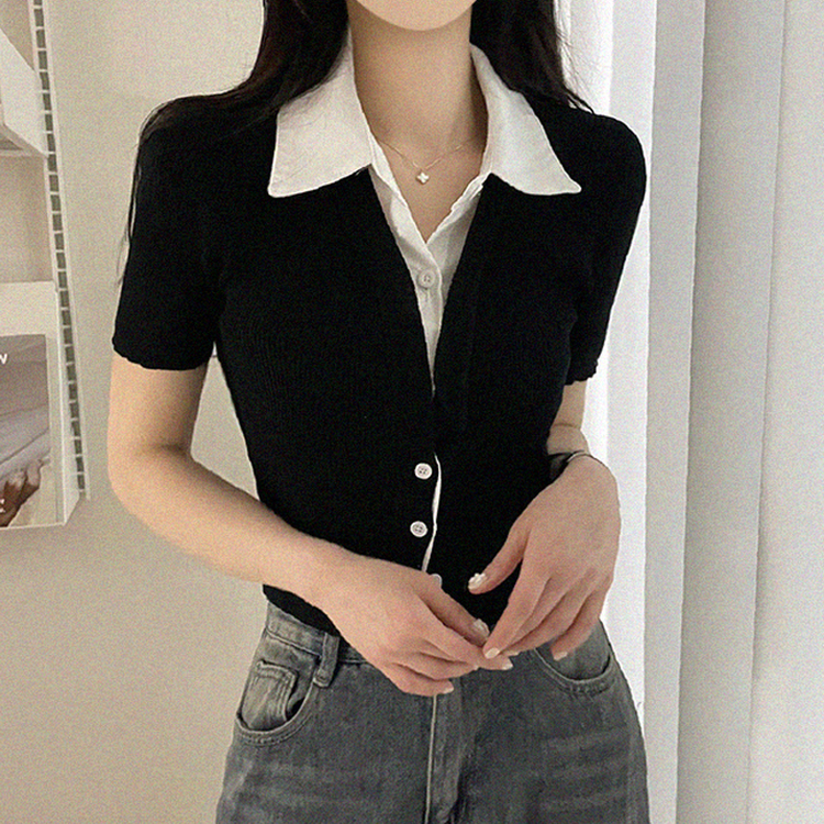 자스민 레이어드 크롭 반팔 셔츠 가디건 3color 블랙