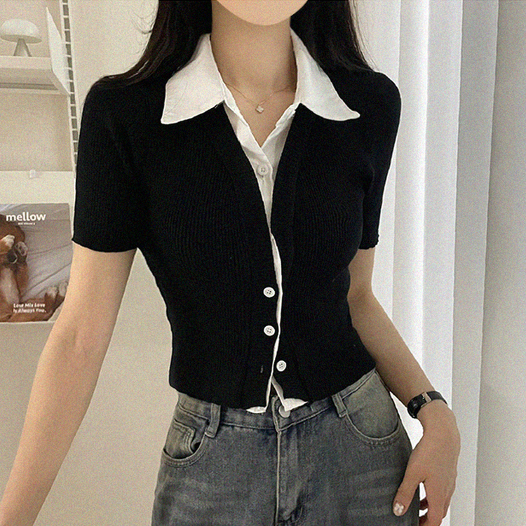 자스민 레이어드 크롭 반팔 셔츠 가디건 3color 블랙