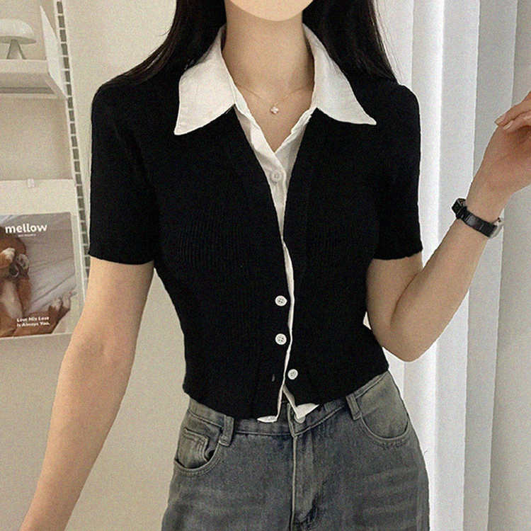 자스민 레이어드 크롭 반팔 셔츠 가디건 3color 블랙