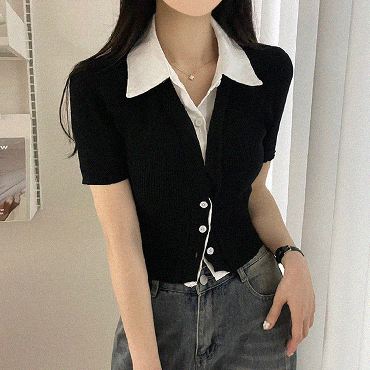 자스민 레이어드 크롭 반팔 셔츠 가디건 3color 블랙