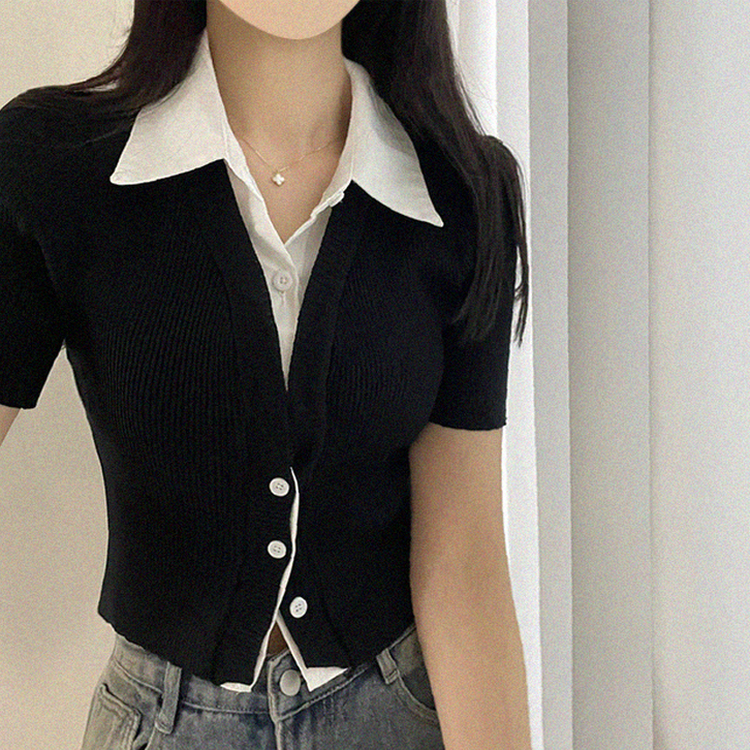 자스민 레이어드 크롭 반팔 셔츠 가디건 3color 블랙