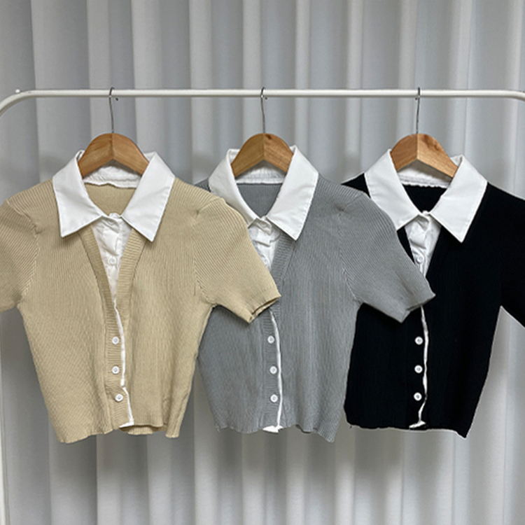 자스민 레이어드 크롭 반팔 셔츠 가디건 3color