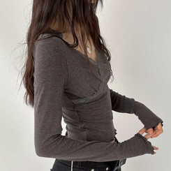 レーススリットライン長袖Tシャツ CHARCOAL