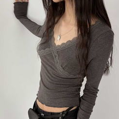 レーススリットライン長袖Tシャツ CHARCOAL