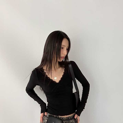 レーススリットライン長袖Tシャツ BLACK