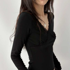 レーススリットライン長袖Tシャツ BLACK