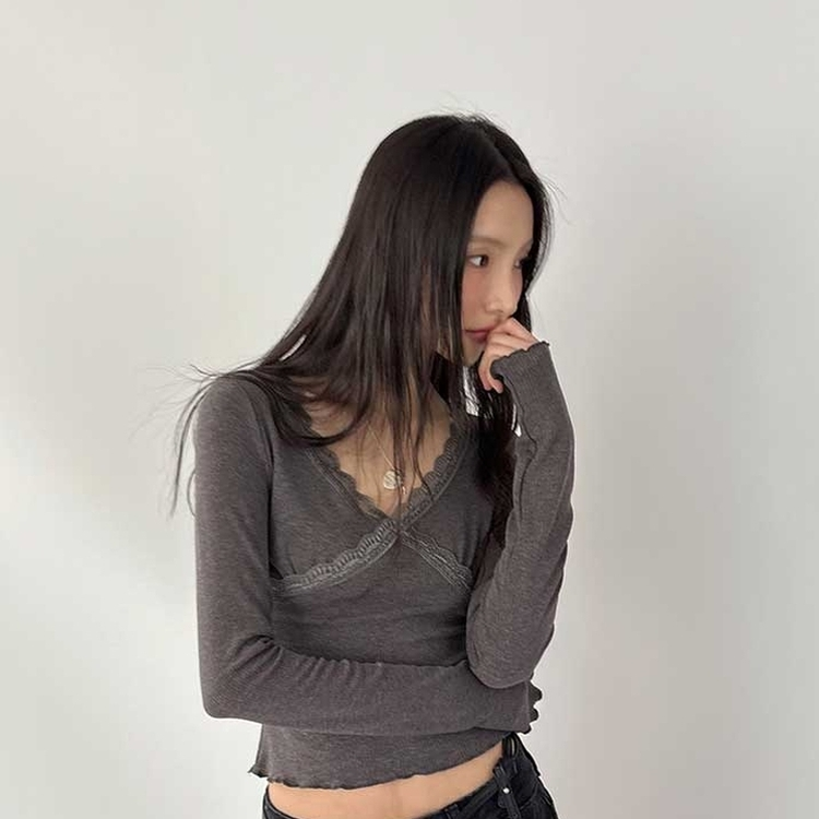 レーススリットライン長袖Tシャツ CHARCOAL