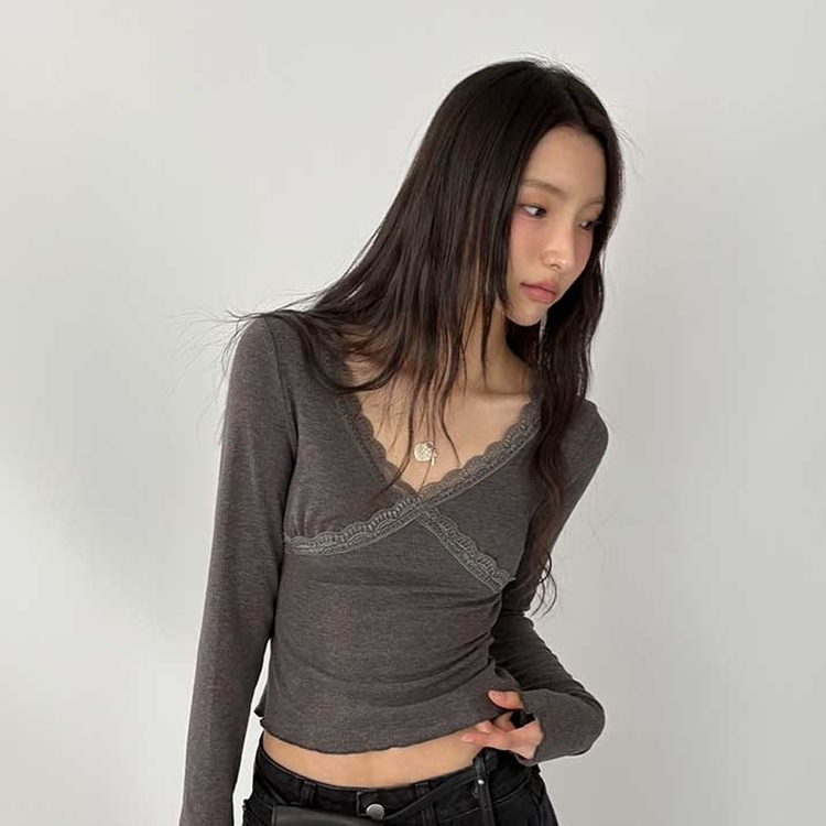 レーススリットライン長袖Tシャツ CHARCOAL