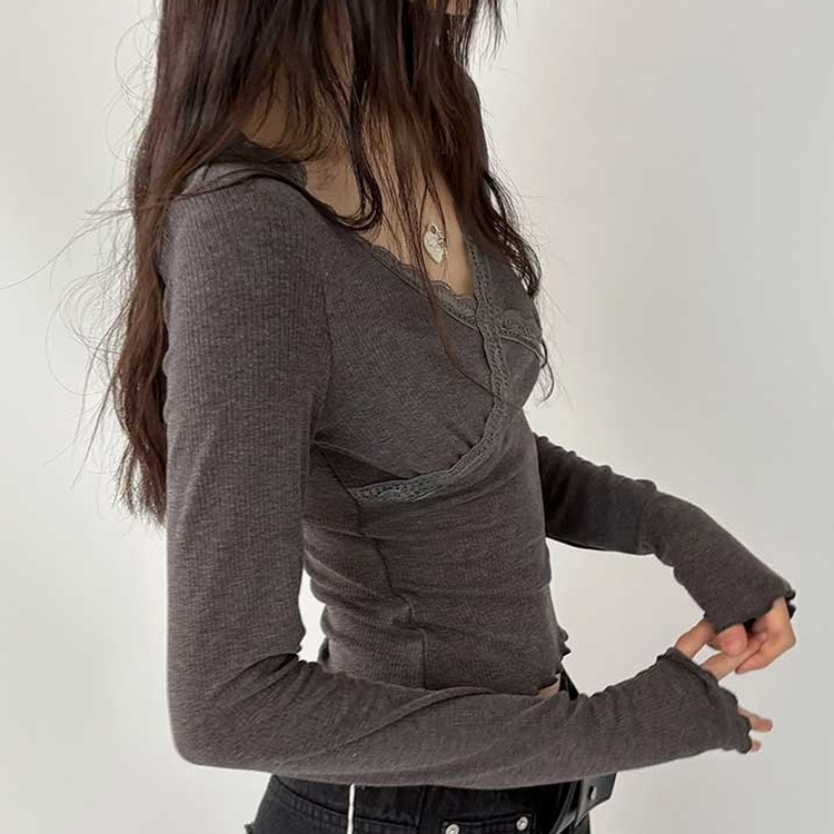 レーススリットライン長袖Tシャツ CHARCOAL