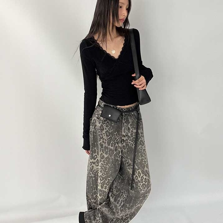 レーススリットライン長袖Tシャツ BLACK