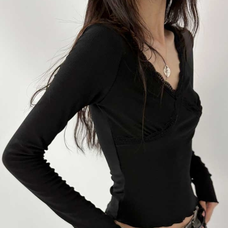レーススリットライン長袖Tシャツ BLACK