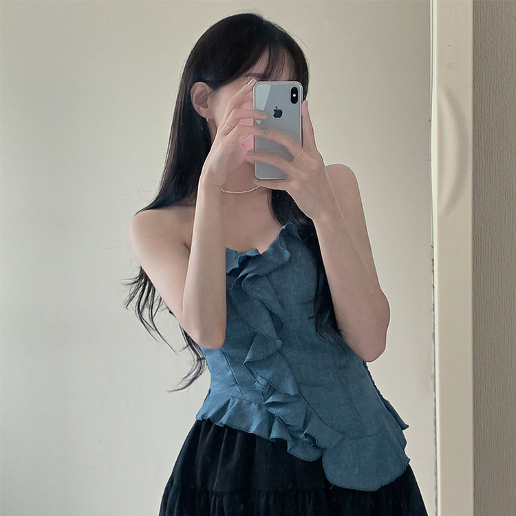 【カップ付き】フリルスモークキャミソール SKY BLUE