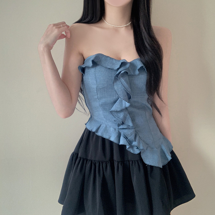【カップ付き】フリルスモークキャミソール SKY BLUE