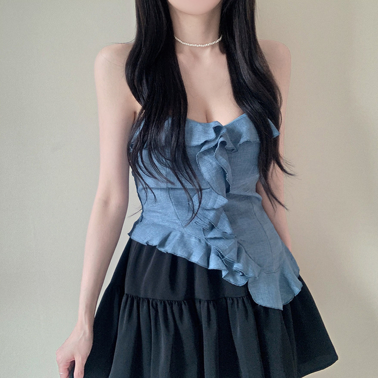 【カップ付き】フリルスモークキャミソール SKY BLUE