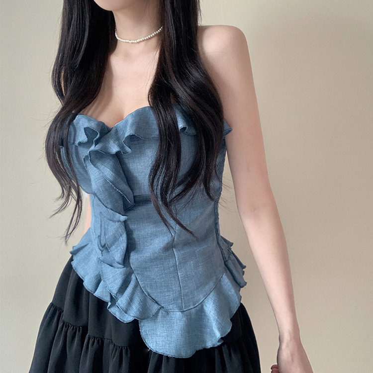 【カップ付き】フリルスモークキャミソール SKY BLUE