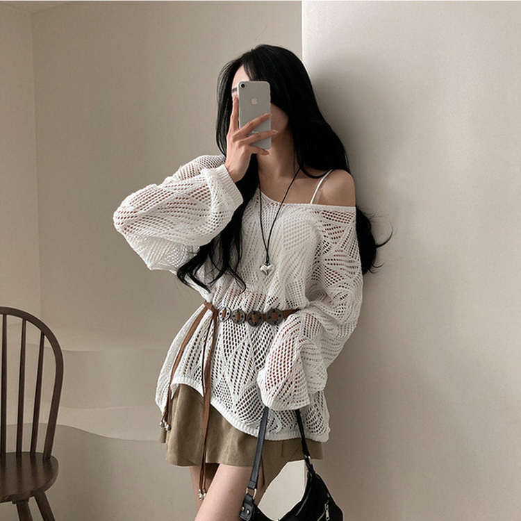 보헤미안 네트 펀칭 나시 벨트 루즈핏 그물 니트 화이트