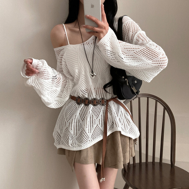 보헤미안 네트 펀칭 나시 벨트 루즈핏 그물 니트 화이트
