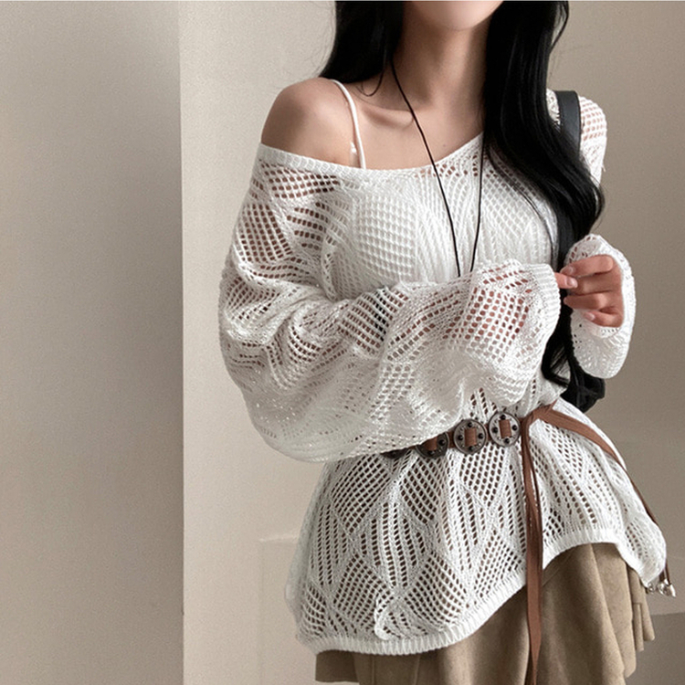 보헤미안 네트 펀칭 나시 벨트 루즈핏 그물 니트 화이트