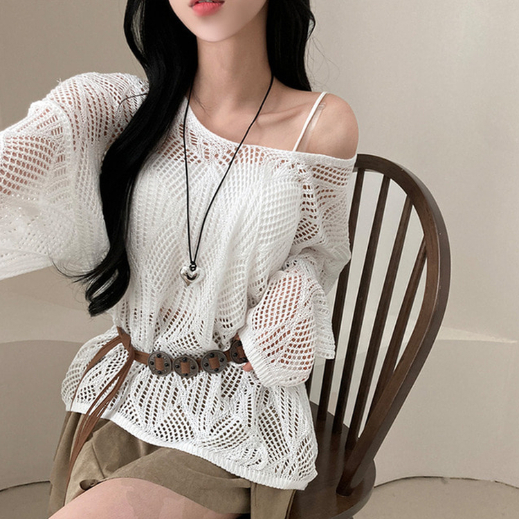 보헤미안 네트 펀칭 나시 벨트 루즈핏 그물 니트 화이트