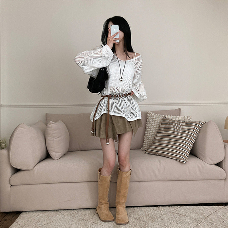 보헤미안 네트 펀칭 나시 벨트 루즈핏 그물 니트 화이트