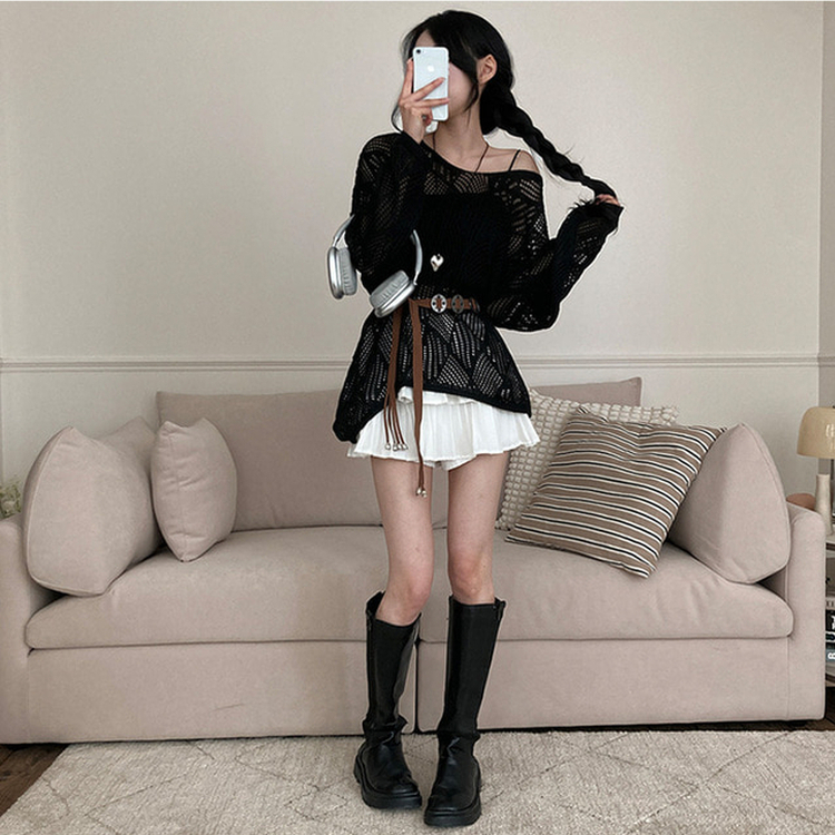 보헤미안 네트 펀칭 나시 벨트 루즈핏 그물 니트 블랙