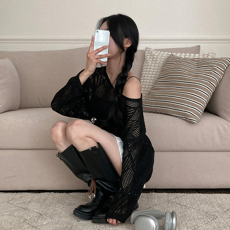 보헤미안 네트 펀칭 나시 벨트 루즈핏 그물 니트 블랙