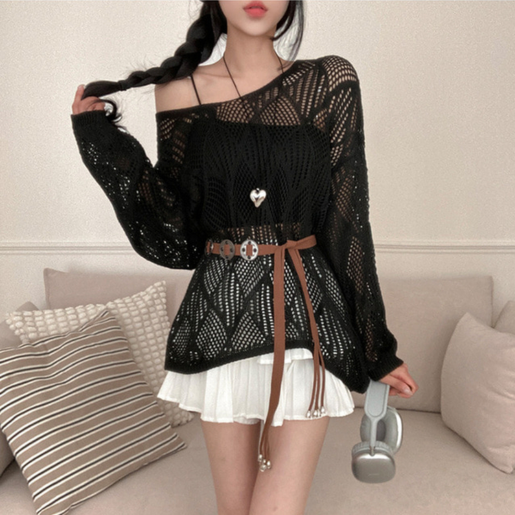 보헤미안 네트 펀칭 나시 벨트 루즈핏 그물 니트 블랙