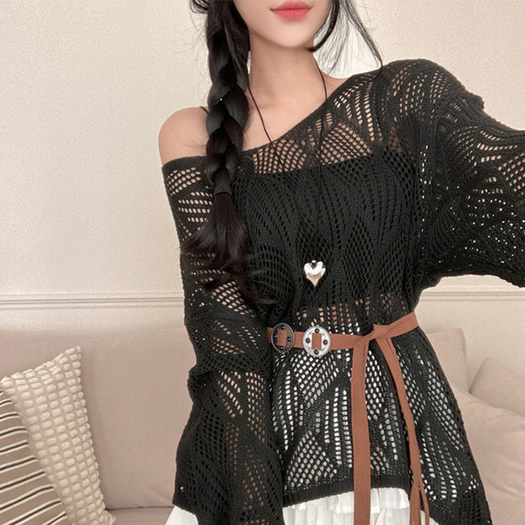 보헤미안 네트 펀칭 나시 벨트 루즈핏 그물 니트 블랙