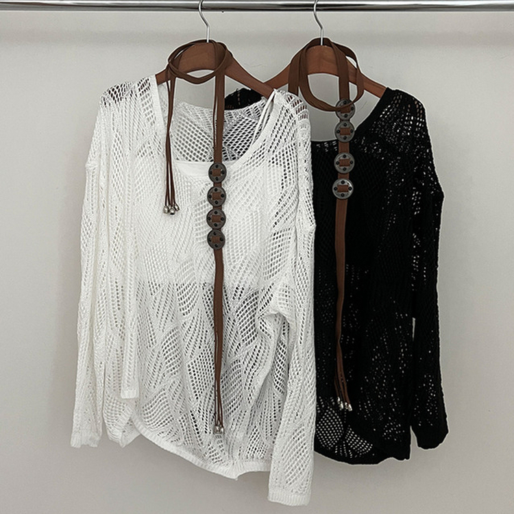 보헤미안 네트 펀칭 나시 벨트 루즈핏 그물 니트