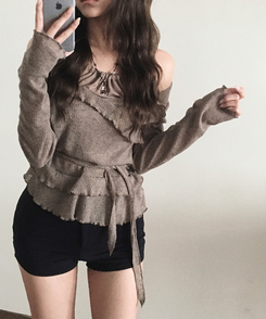 ニット ホルターレイヤードフリルアンバランスニット DEEP BEIGE