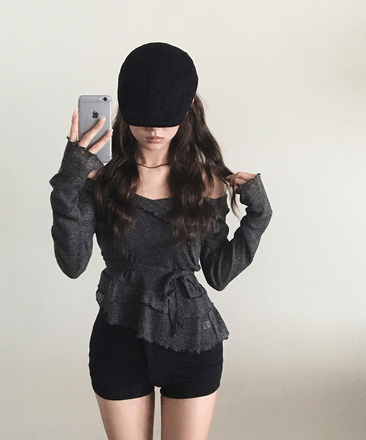 ニット ホルターレイヤードフリルアンバランスニット CHARCOAL