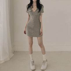 ミニワンピース フード半袖ミニワンピース GREY