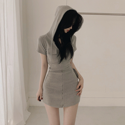 ミニワンピース フード半袖ミニワンピース GREY