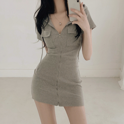ミニワンピース フード半袖ミニワンピース GREY