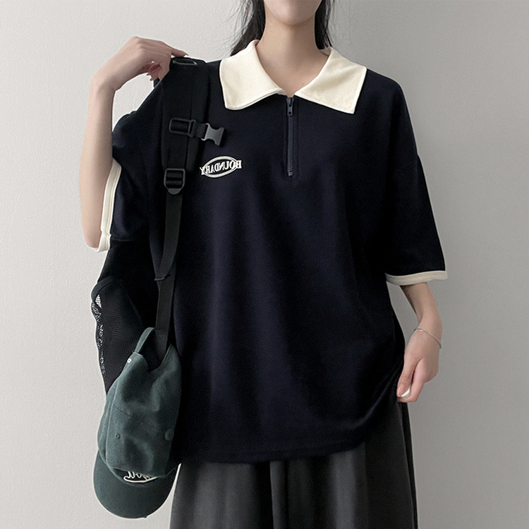 ジップアップバイカラー半袖Tシャツ｜半袖Tシャツ｜韓国ファッション