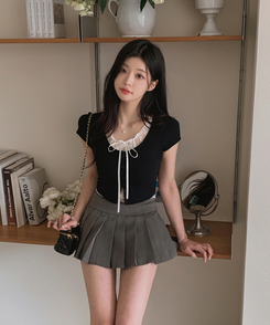 半袖Tシャツ レースレイヤードリボン半袖Tシャツ BLACK