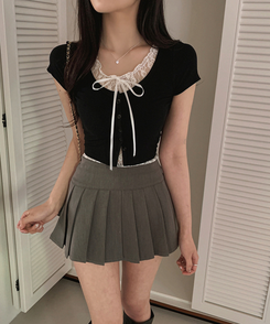 半袖Tシャツ レースレイヤードリボン半袖Tシャツ BLACK