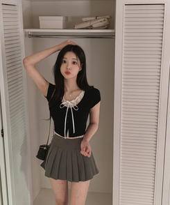 半袖Tシャツ レースレイヤードリボン半袖Tシャツ BLACK