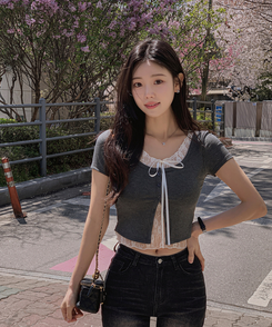 半袖Tシャツ レースレイヤードリボン半袖Tシャツ GREY
