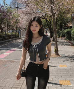 半袖Tシャツ レースレイヤードリボン半袖Tシャツ GREY