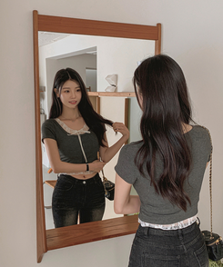 半袖Tシャツ レースレイヤードリボン半袖Tシャツ GREY