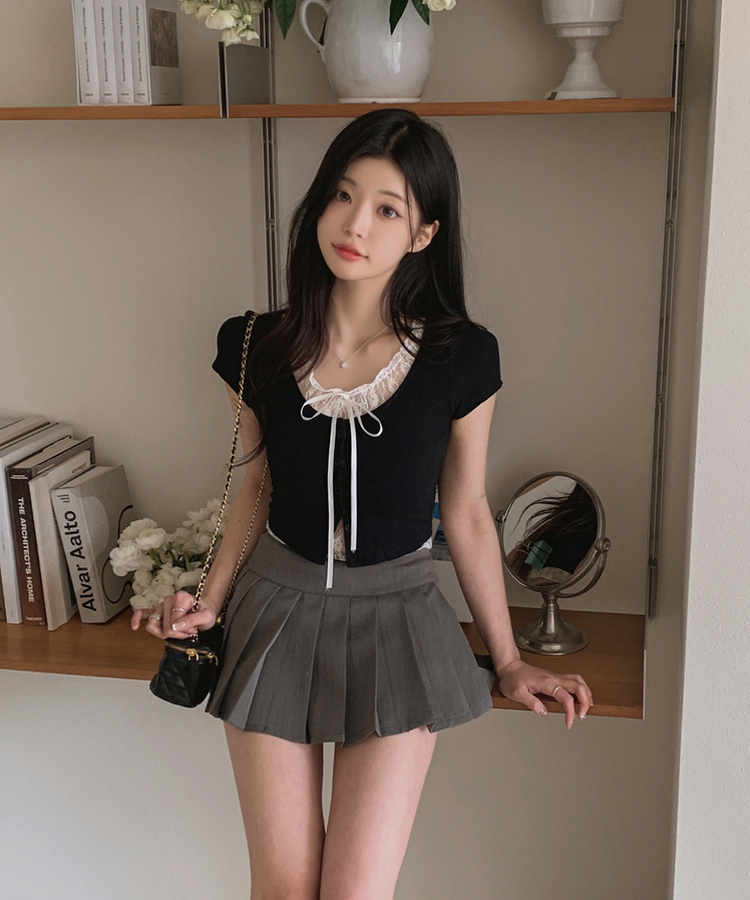 レースレイヤードリボン半袖Tシャツ BLACK