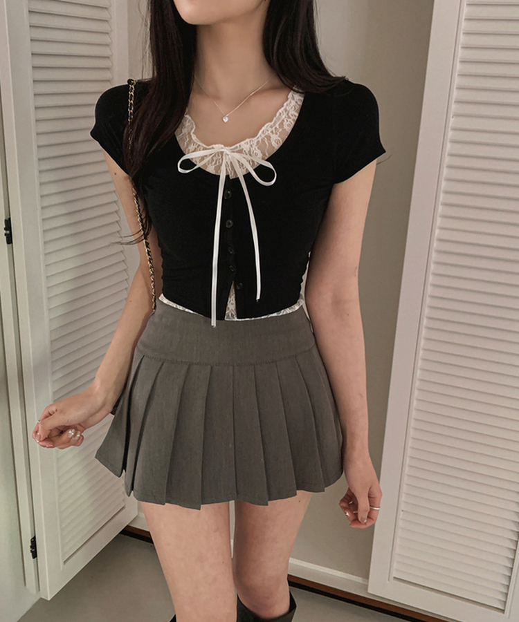 レースレイヤードリボン半袖Tシャツ BLACK